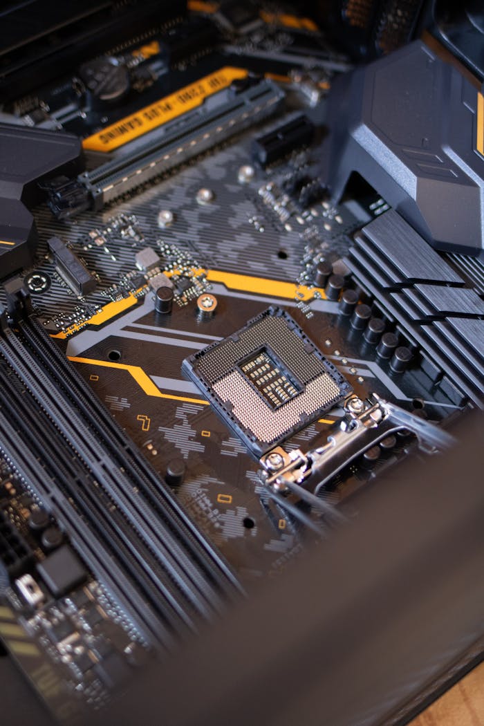 gallery-3 Detailed view of a computer motherboard highlighting electronic components and technology connections.